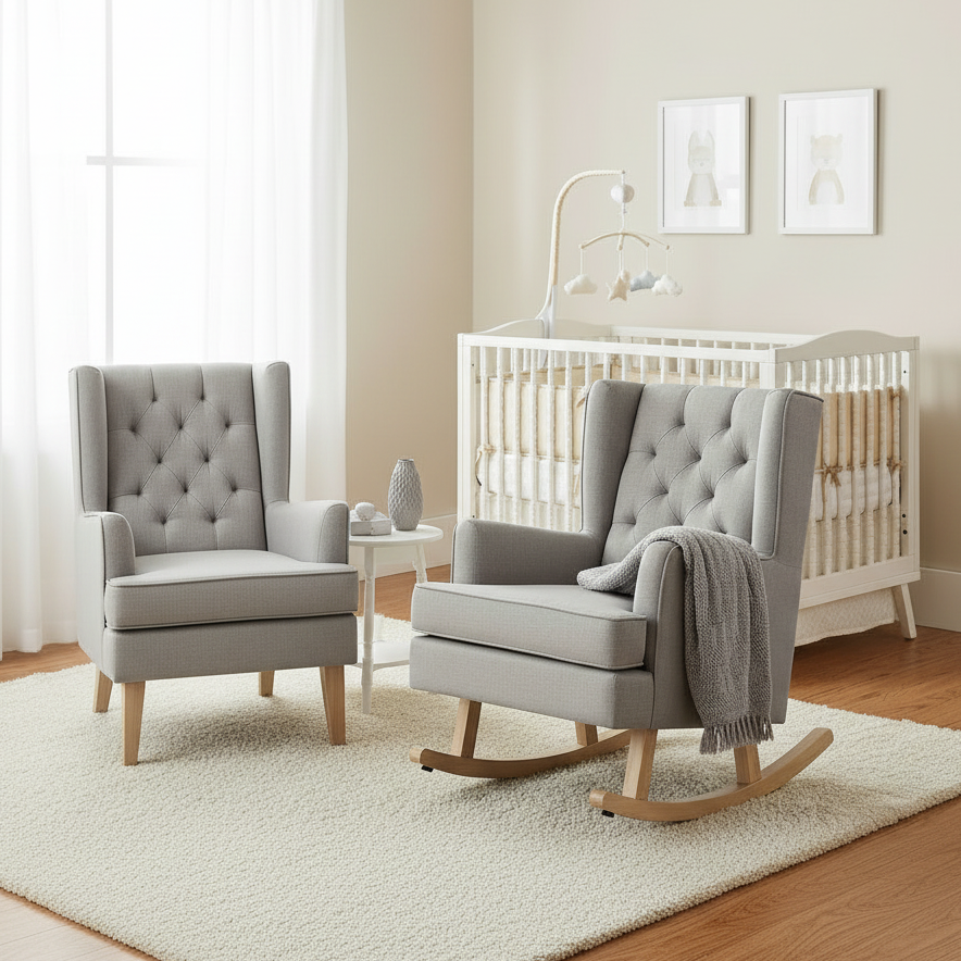 Nursery room with gray rocking chair, crib, and side table.