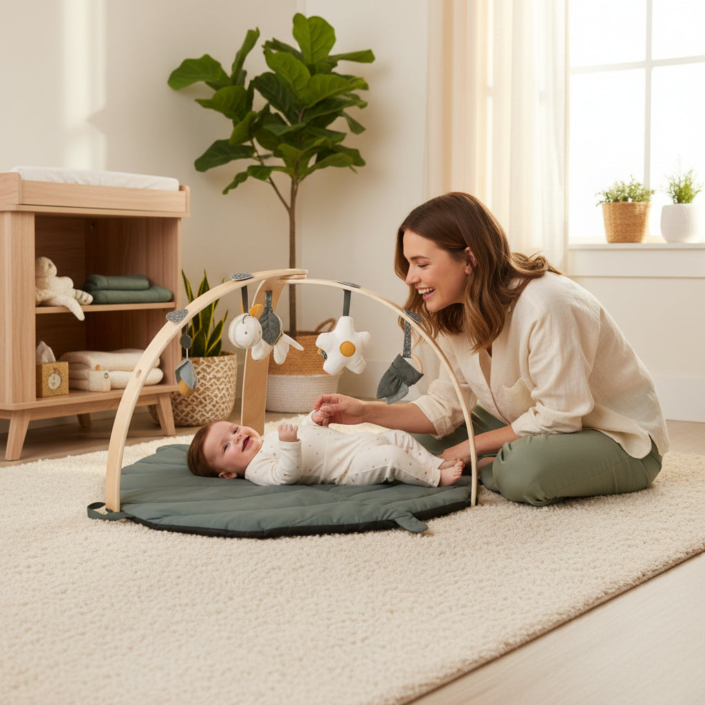 Baby lying on a green play mat with a wooden arch and hanging toys on a white background