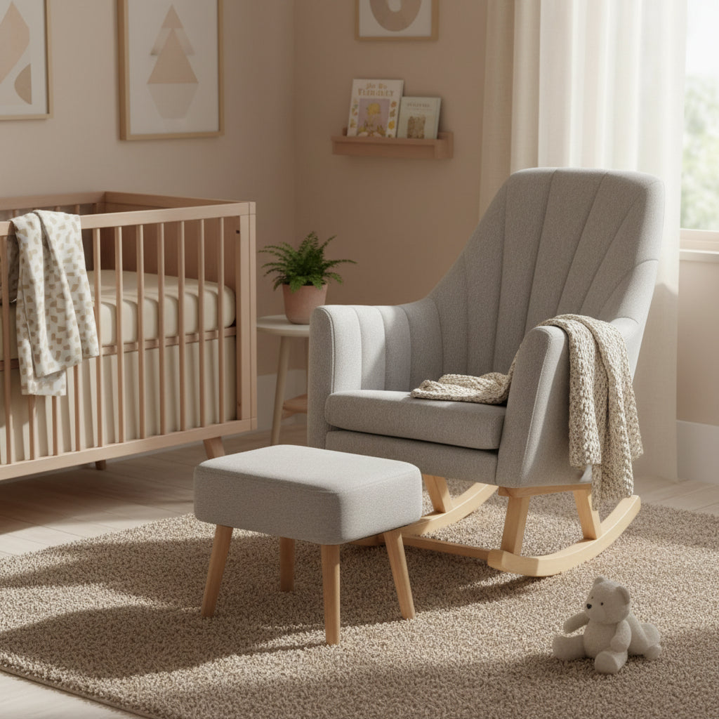 Gray rocking chair with ottoman in a nursery bedroom