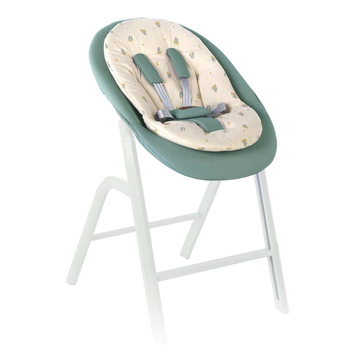 Baby high chair with green cushion and white stand on a white background