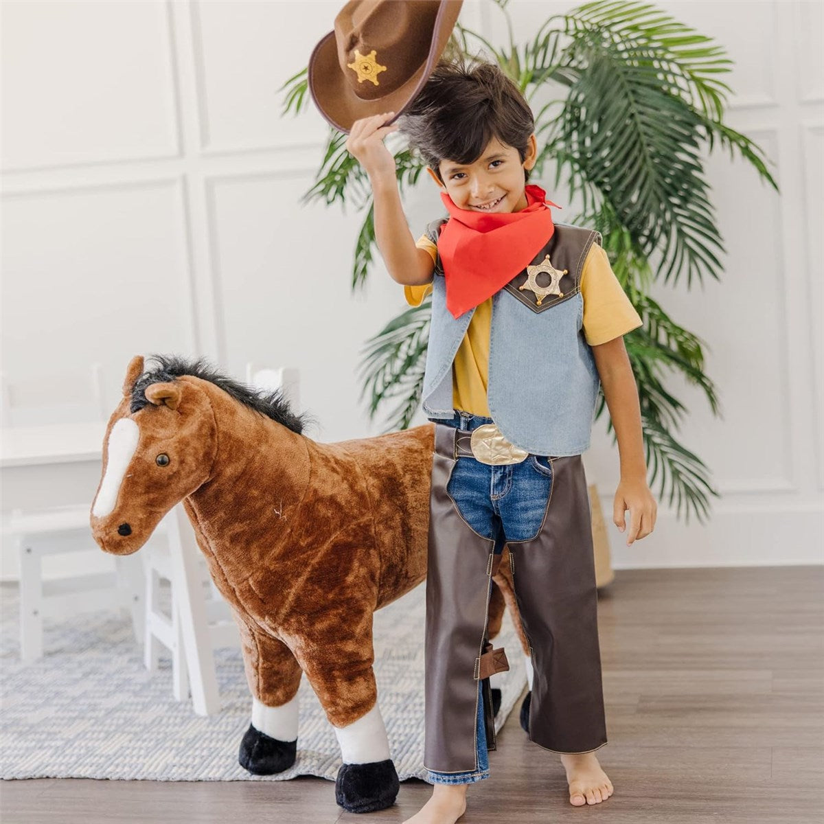 Melissa & Doug Cowboy Role Play Costume Set (5 pcs) - Includes Faux Leather Chaps - Cowboy Dress-Up Role Play Costume with Vest for Boys and Girls 3-5 years