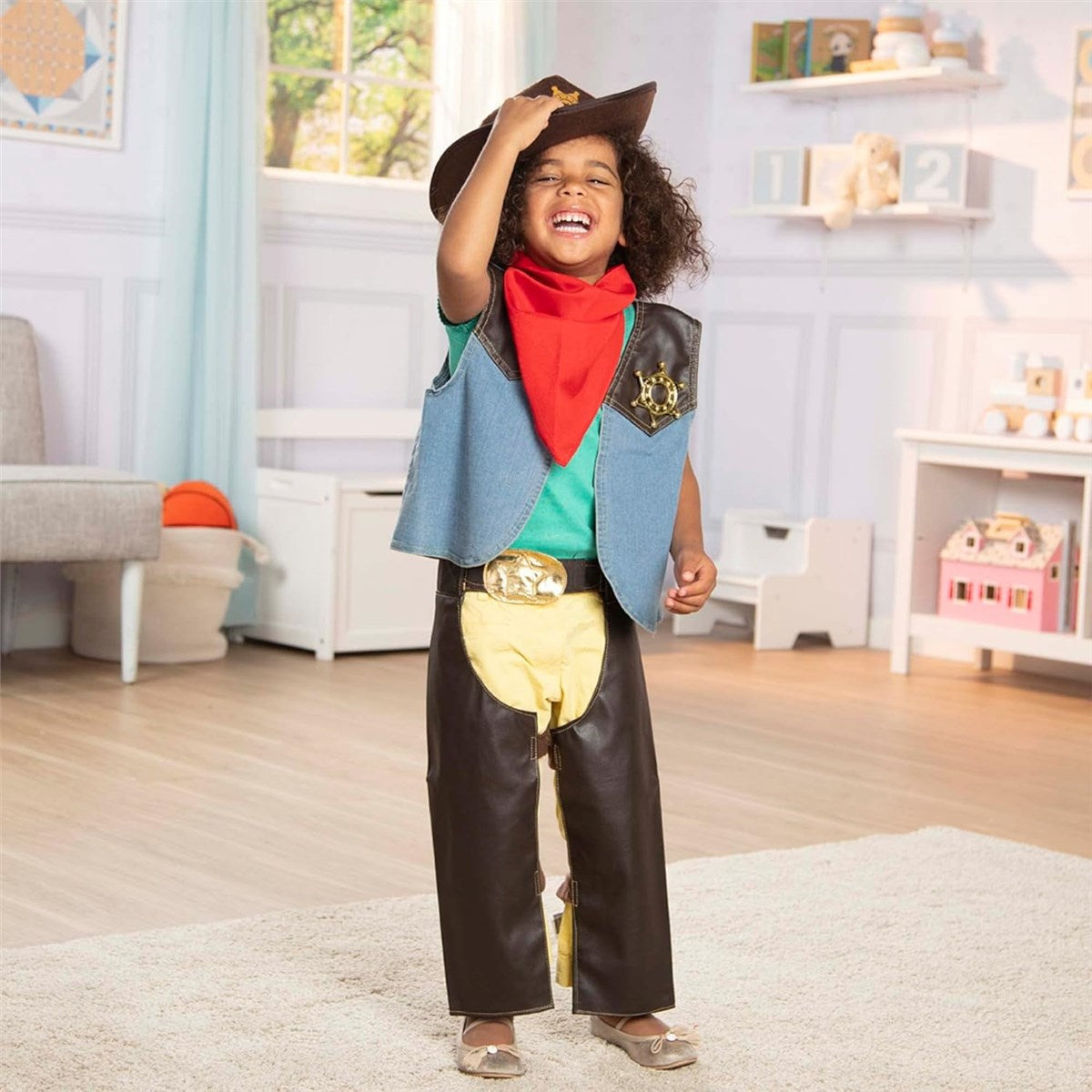 Melissa & Doug Cowboy Role Play Costume Set (5 pcs) - Includes Faux Leather Chaps - Cowboy Dress-Up Role Play Costume with Vest for Boys and Girls 3-5 years