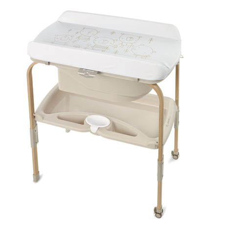 Baby changing table with white top and beige base on a white background