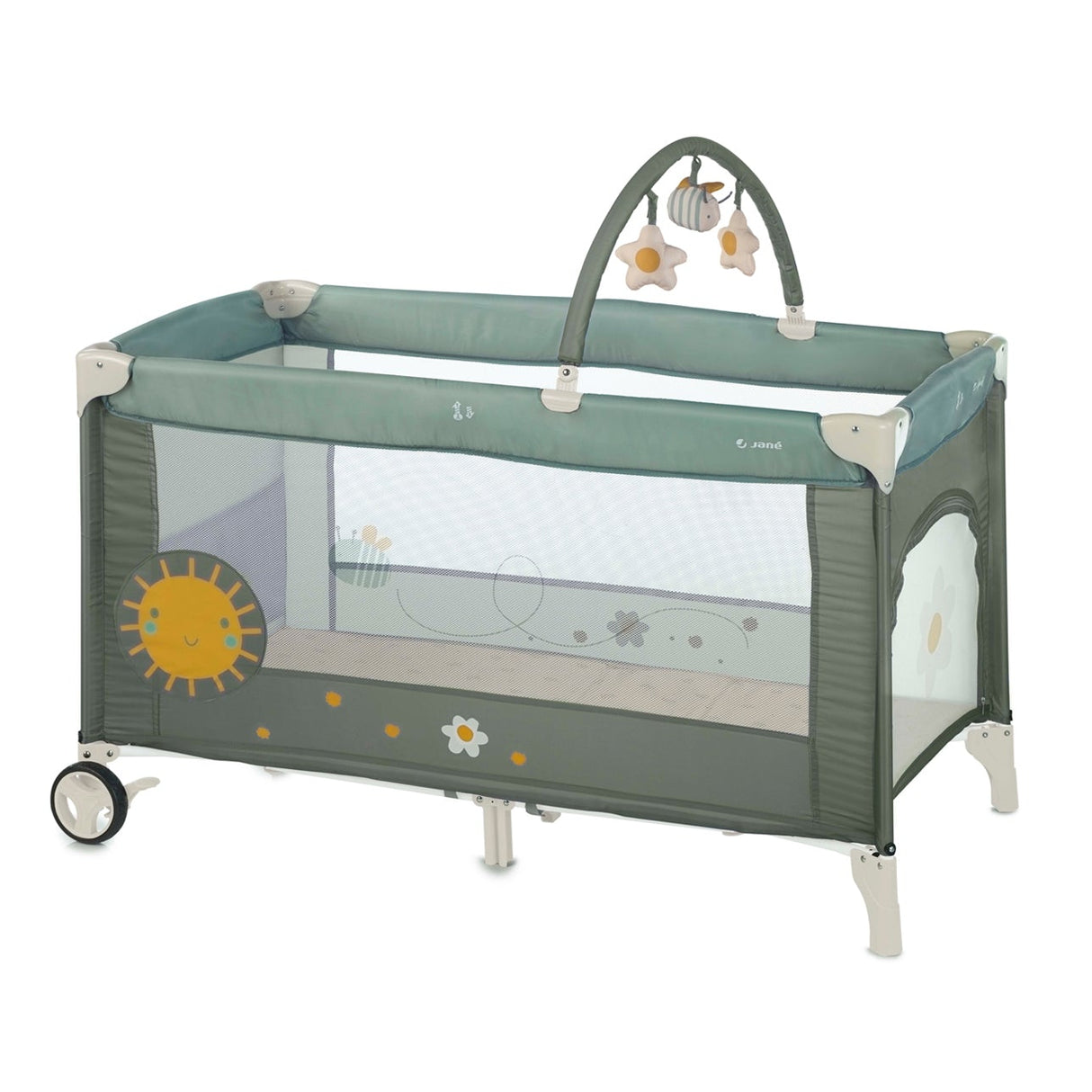 Jané One Level Toys Travel Cot with Activity Arch & Zip Window, Botanic