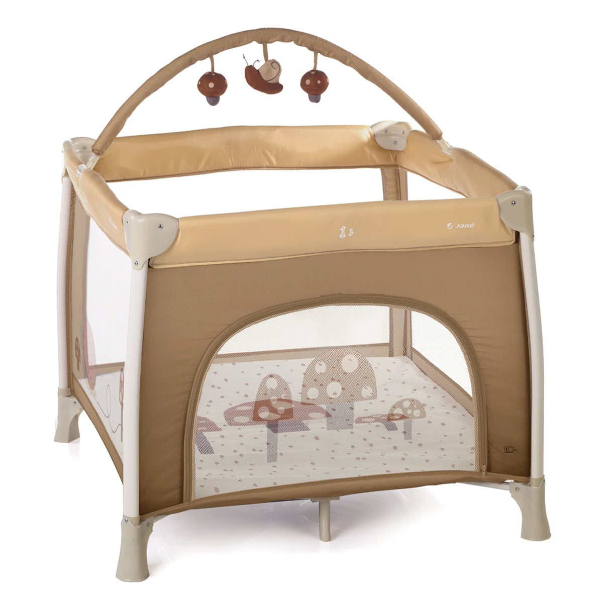 Beige baby playpen with hanging toys on a white background