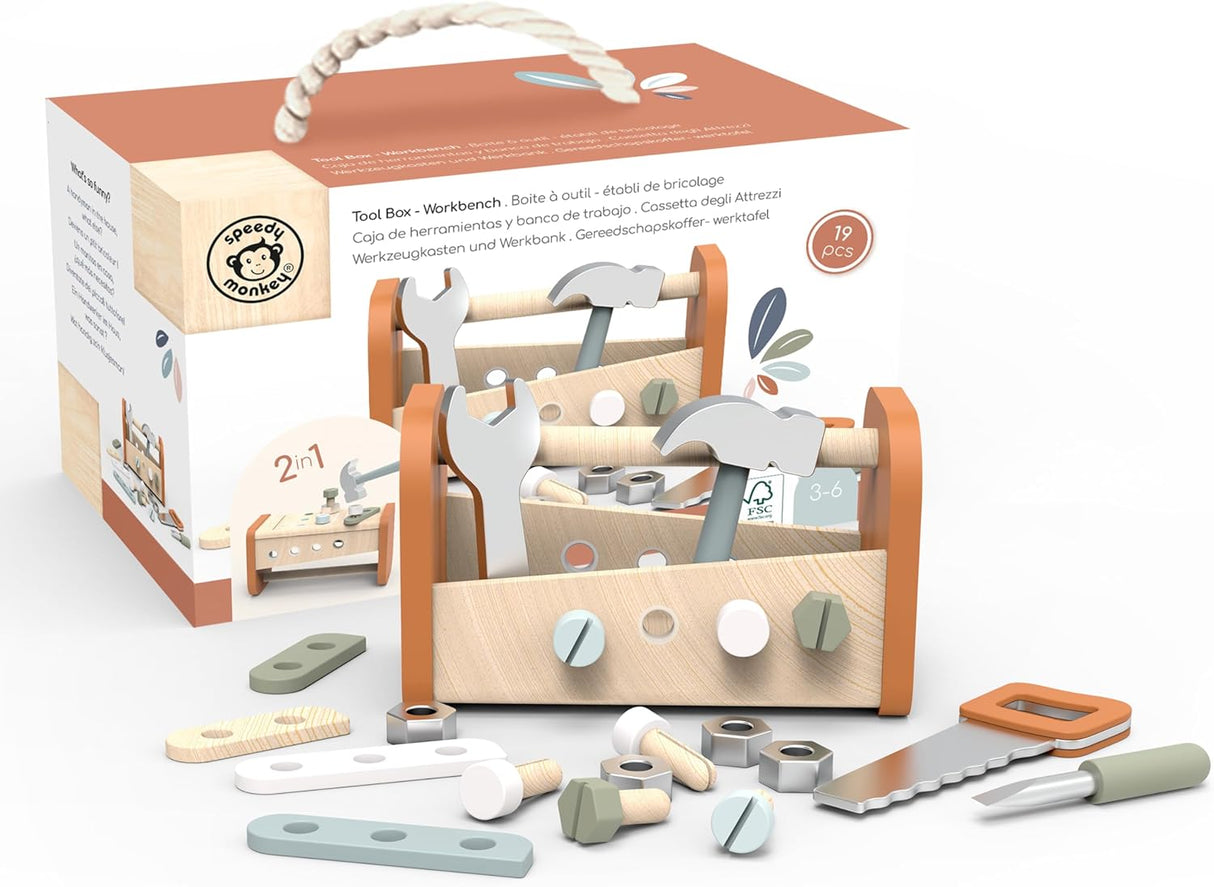Speedy Monkey Wooden 2-in-1 Toolbox & Workbench with Accessories – Compact DIY Playset for Kids
