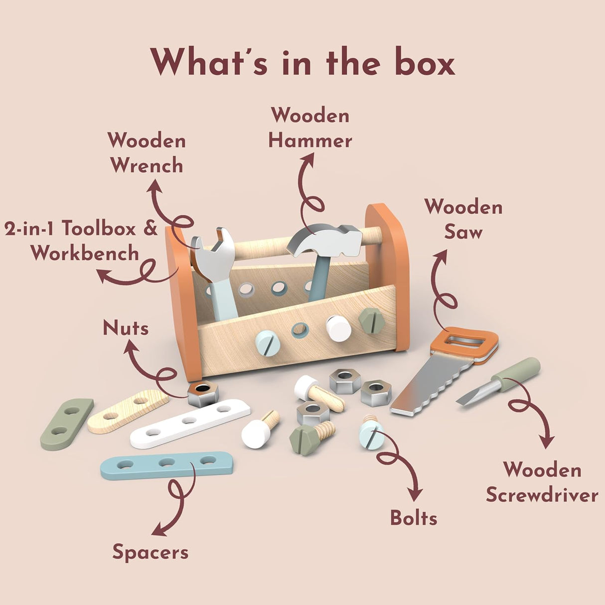Speedy Monkey Wooden 2-in-1 Toolbox & Workbench with Accessories – Compact DIY Playset for Kids