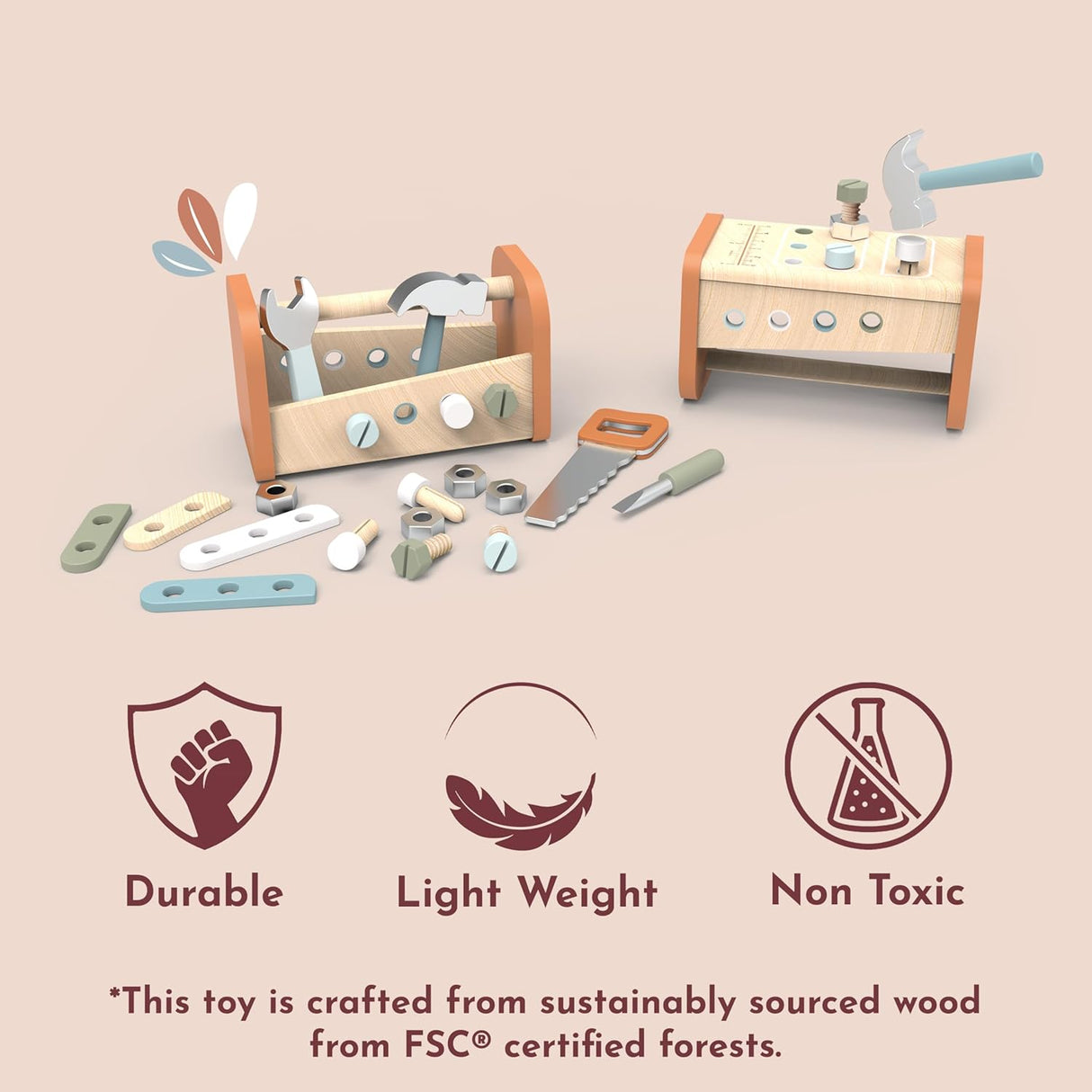 Speedy Monkey Wooden 2-in-1 Toolbox & Workbench with Accessories – Compact DIY Playset for Kids