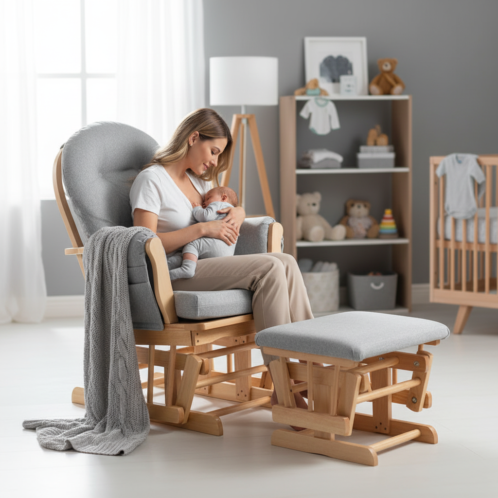 Johnston's Brompton Deluxe Baby Nursing Glider & Footstool – Suedette Comfort with Smooth Glide, Natural / Grey