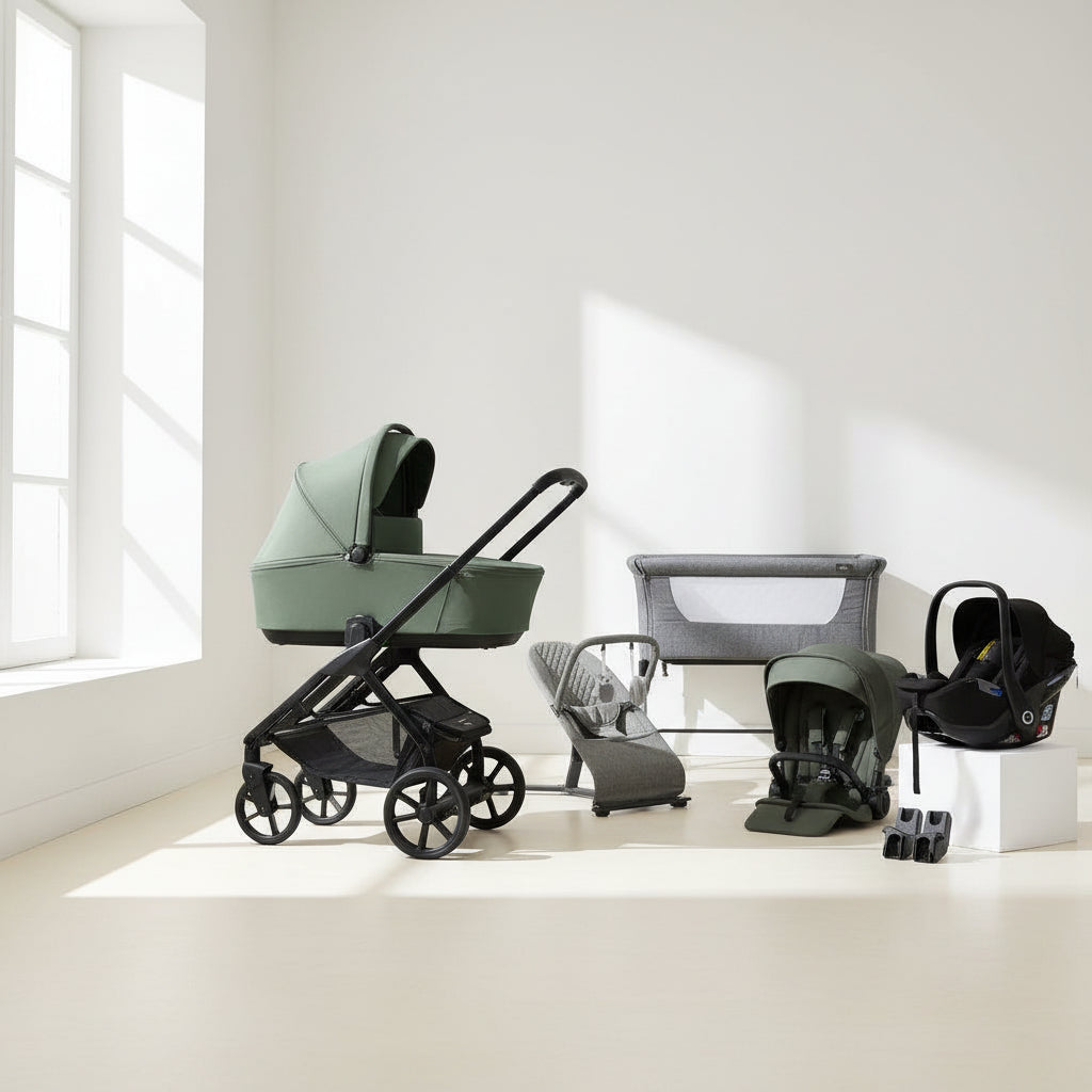Collection of baby products including a stroller, car seat, and bassinet on a white background