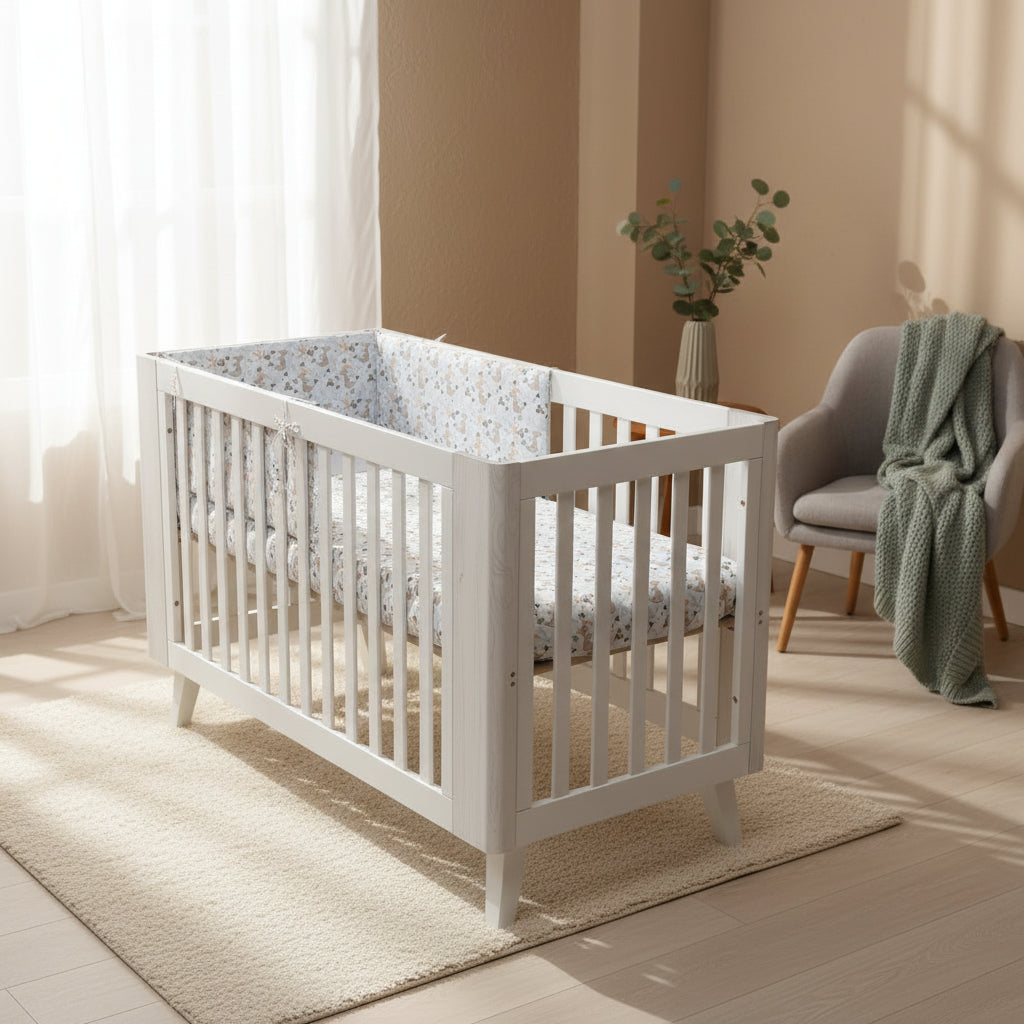 White crib with a floral-patterned mattress cover on a white background