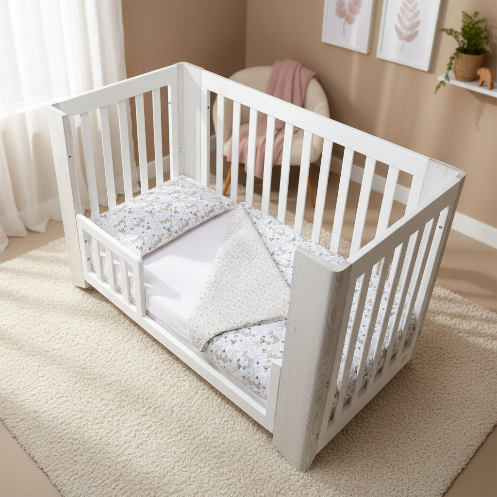 White crib with floral-patterned bedding on a white background