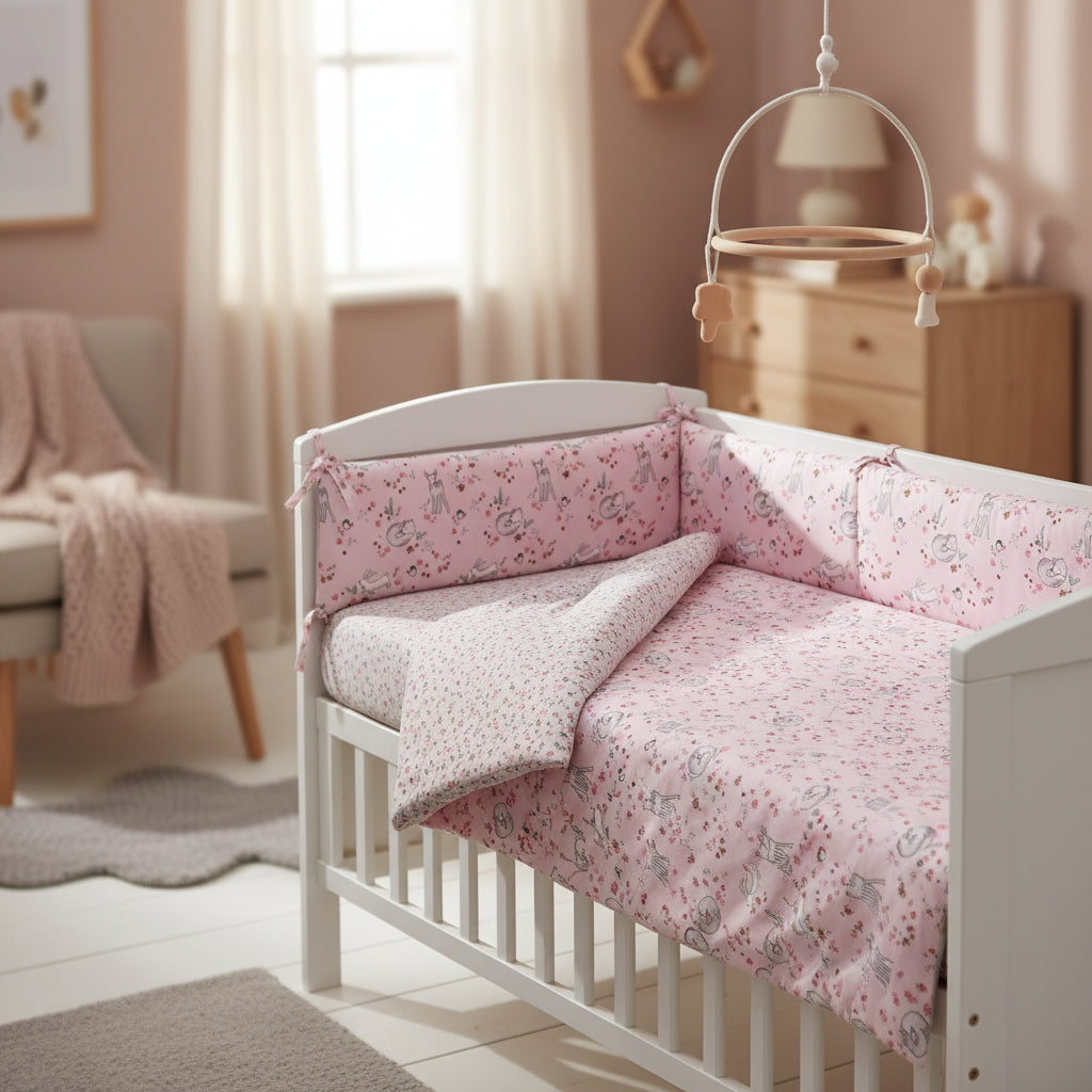 Floral patterned blanket with small animal design on a pink background