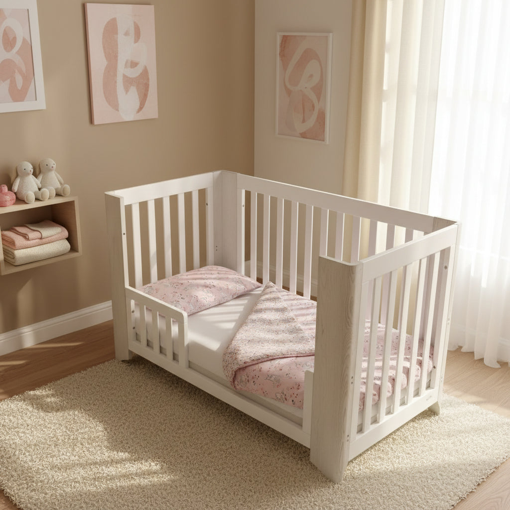 White crib with pink floral bedding on a white background