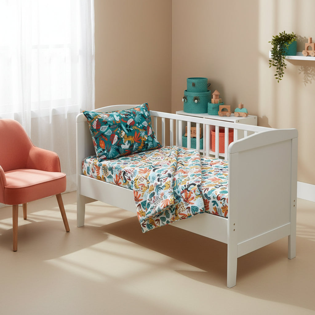 Stack of colorful patterned pillows on a rainforest background