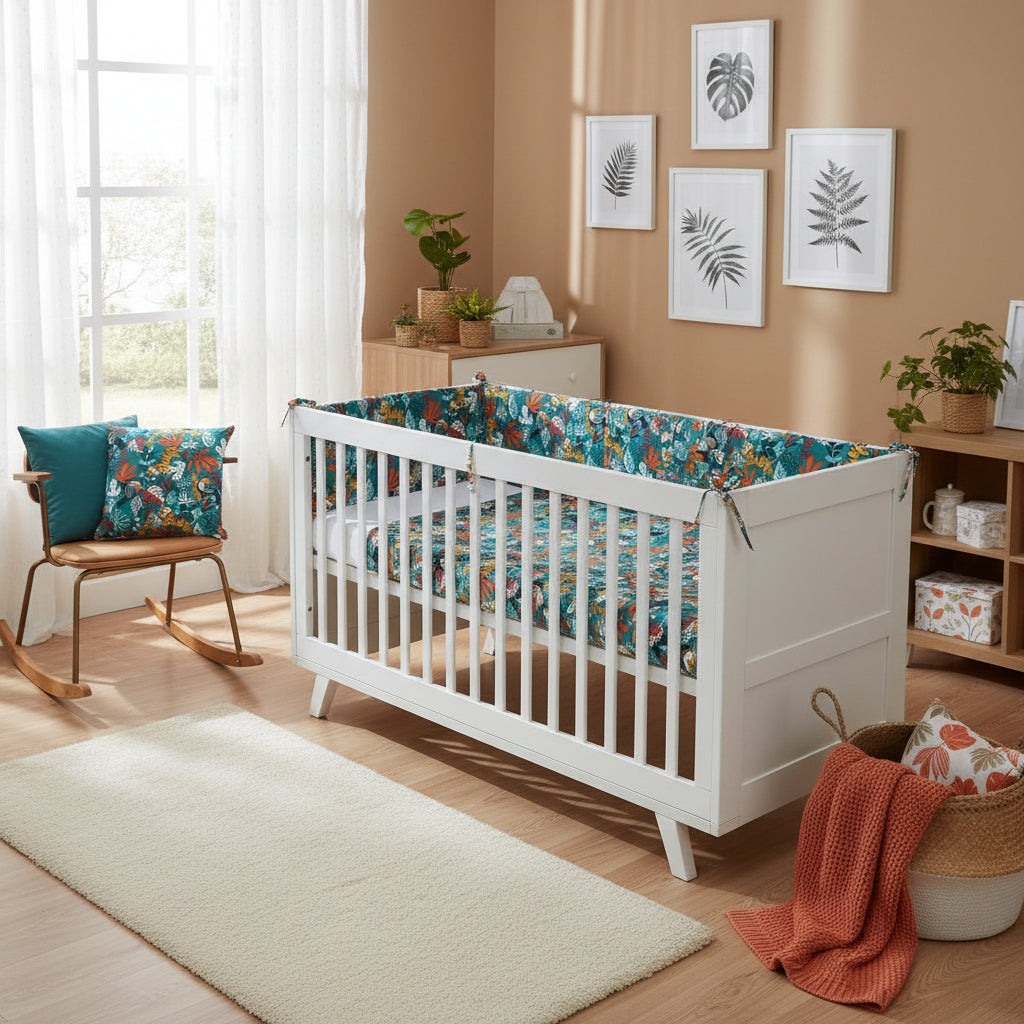 Crib bumper with colorful animal pattern on a white crib