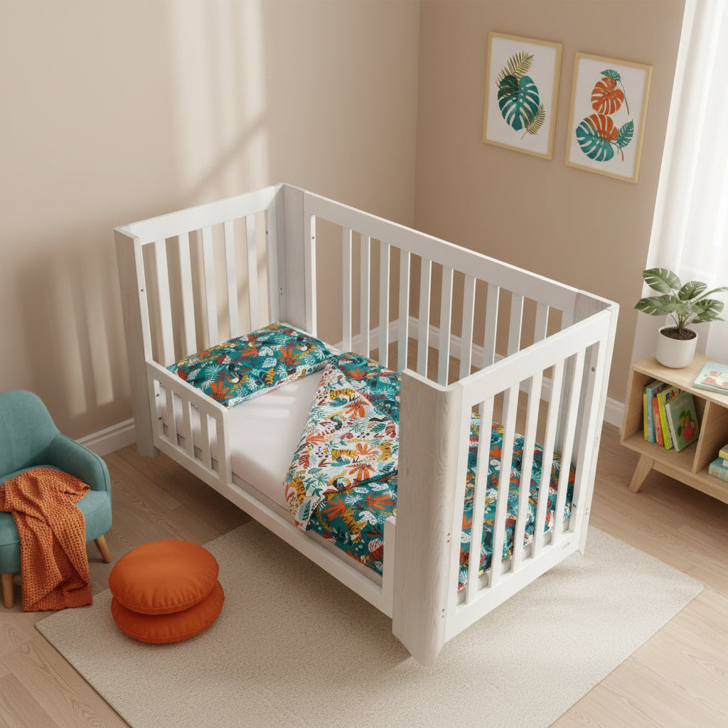 White crib with floral bedding in a room with a chair, ottoman, and bookshelf.