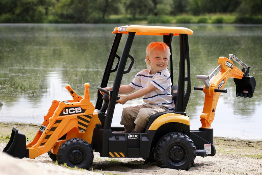 JCB 12V Electric Ride-On Digger Tractor with Front Loader & Backhoe, 3-8 years