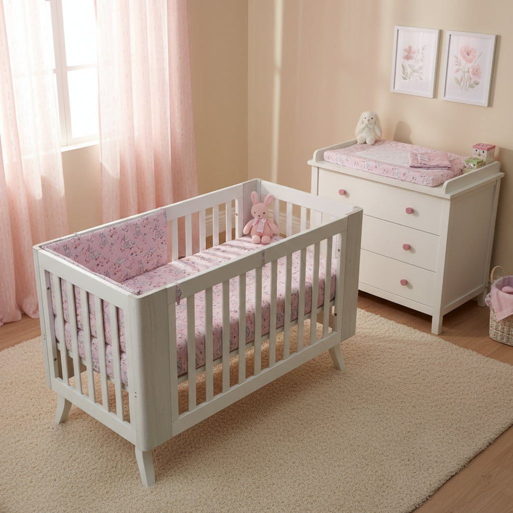 White crib with pink floral crib sheet and bumper on a white background