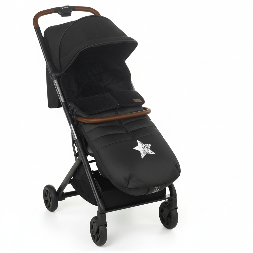 Black stroller with a star design on a white background