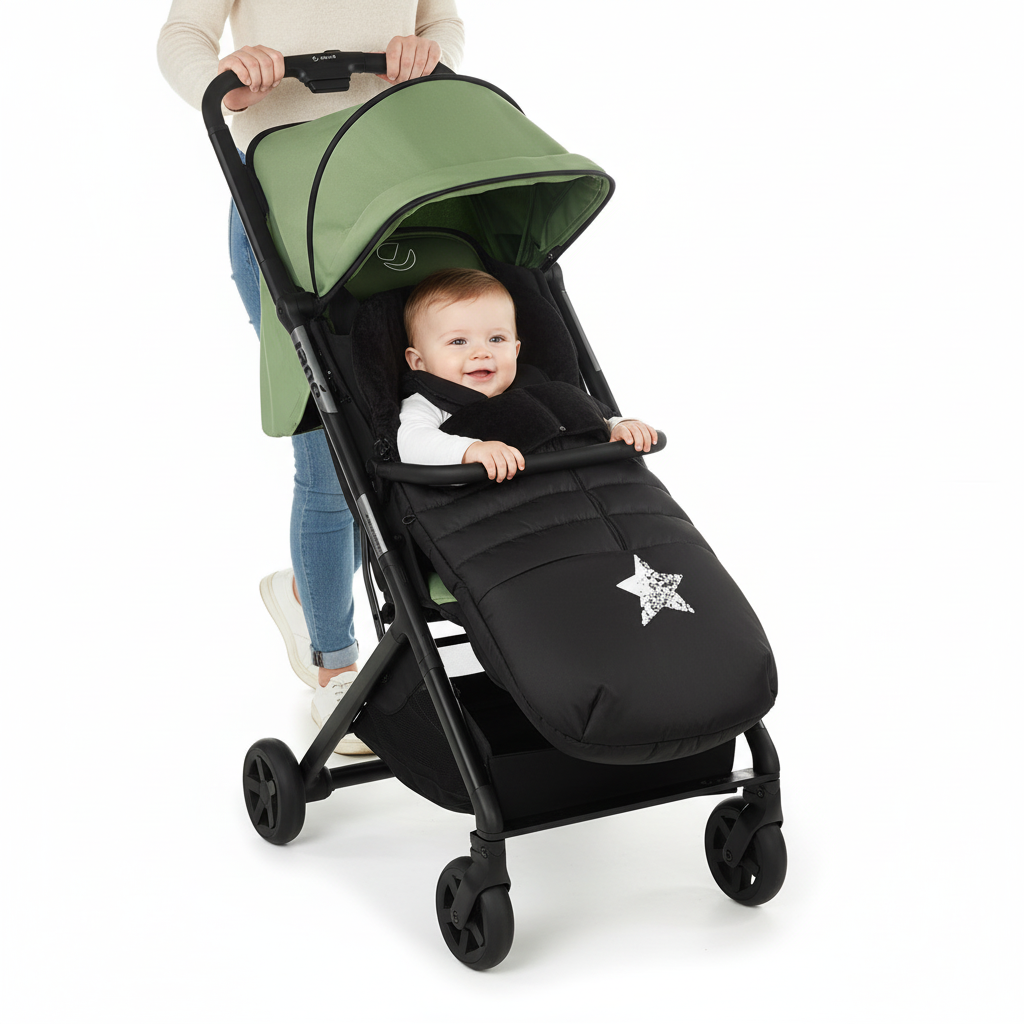 Baby in a black and green stroller with a star design on a white background
