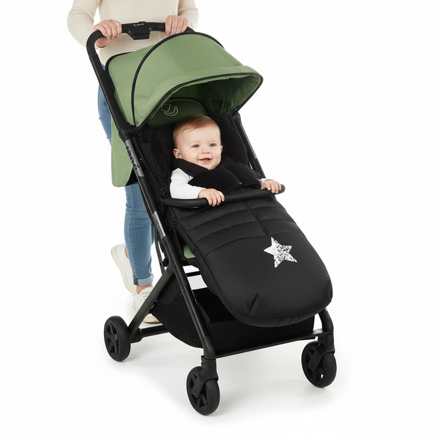 Baby in a black and green stroller with a star design on a white background