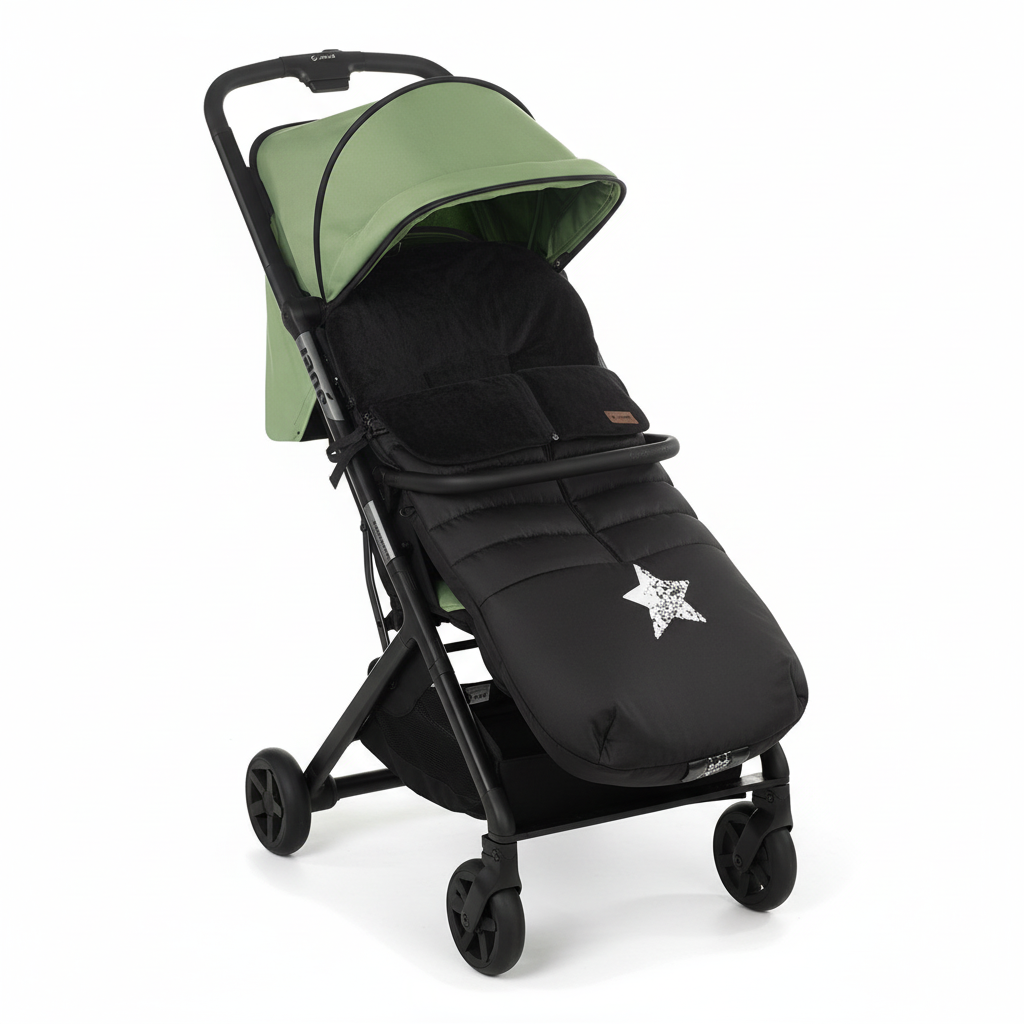 Black stroller with green canopy on a white background