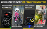 Littletrax 350W Kids Electric Bike – Ages 3 to 12+ ride on mini monkey bike - 3 speed, Bluetooth music, horn, lights, 36v