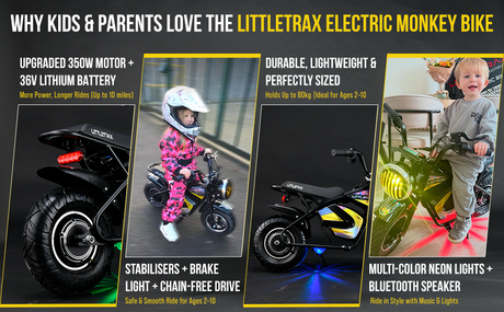 Littletrax 350W Kids Electric Bike – Ages 3 to 12+ ride on mini monkey bike - 3 speed, Bluetooth music, horn, lights, 36v