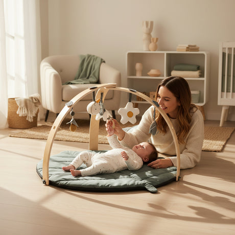 Baby lying on a green play mat with a wooden arch and hanging toys on a white background