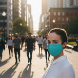 Person wearing a turquoise face mask with 'noordi' branding on a white background