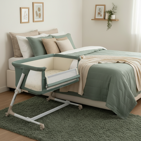 Jane Baby Side Crib + 4 Piece Bedding Set & Safety Mattress, Botanic