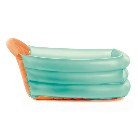 Inflatable raft with orange base and teal sides on a white background