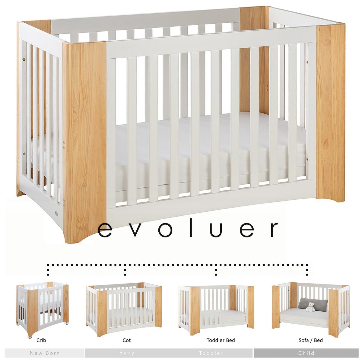 Evoluer 4 1 Nursery Furniture System Bassinet Cot Bed & Sofa White Natural