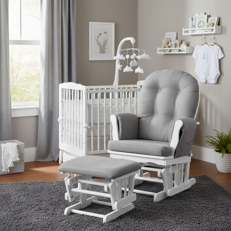 Johnston's Brompton Deluxe Baby Nursing Glider & Footstool – Suedette Comfort with Smooth Glide, White / Grey