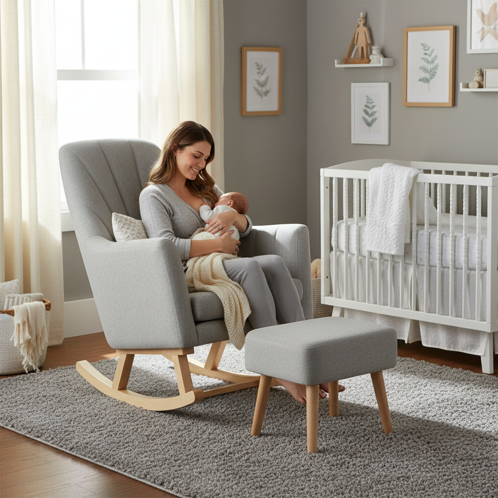 Woman sitting in a rocking chair with a baby in a nursery setting