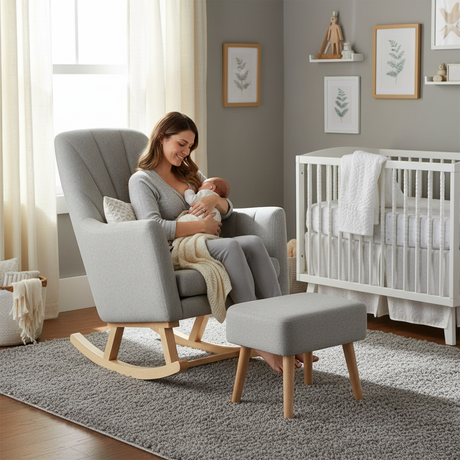 Woman sitting in a rocking chair with a baby in a nursery setting