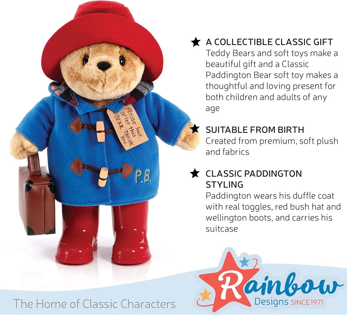 Rainbow Designs Large 34cm Classic Paddington Bear with Boots & Suitcase