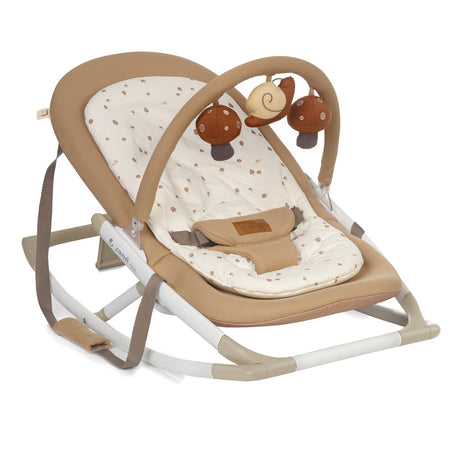 Baby bouncer with beige cushion and wooden toys on a white background