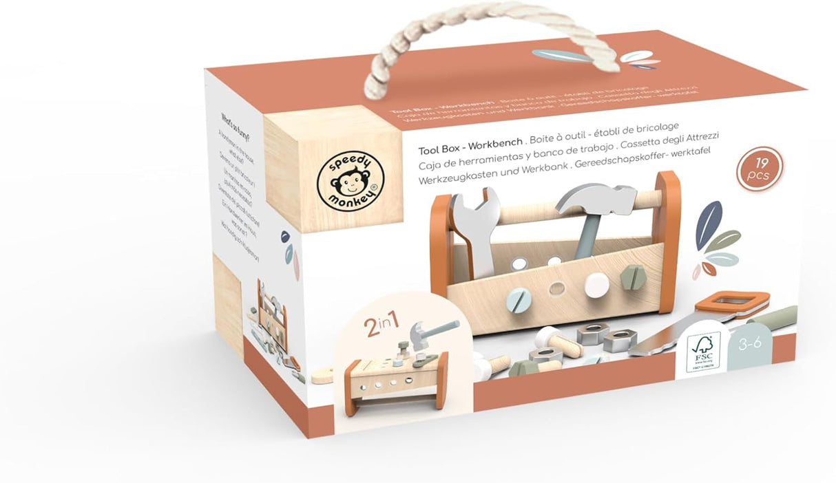 Speedy Monkey Wooden 2-in-1 Toolbox & Workbench with Accessories – Compact DIY Playset for Kids