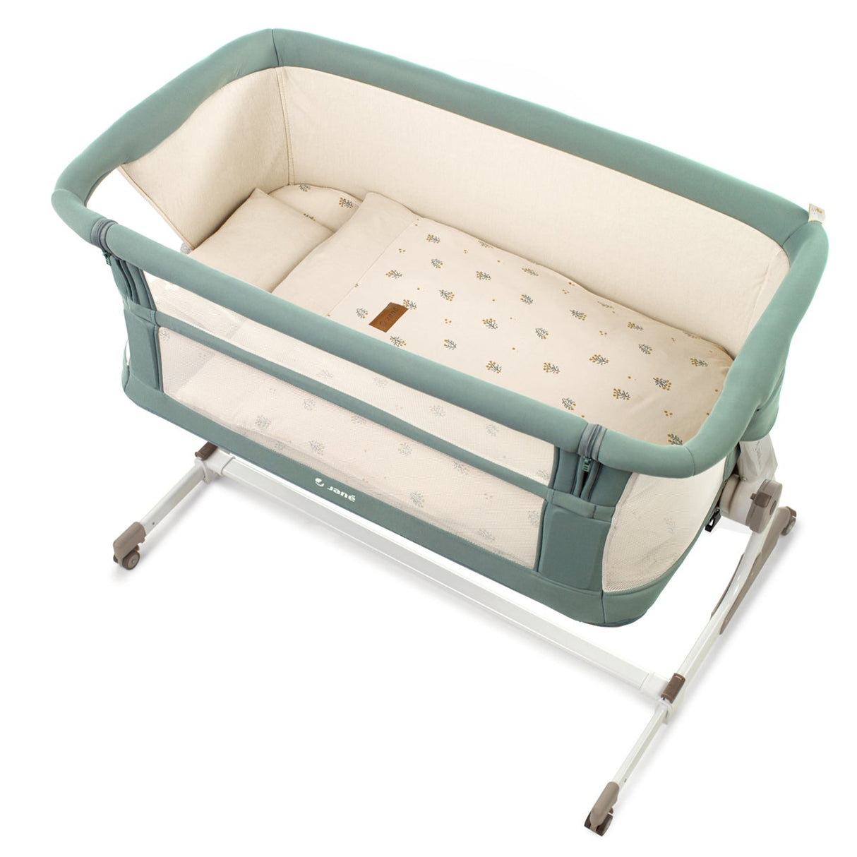 Jane Baby Side Crib + 4 Piece Bedding Set & Safety Mattress, Botanic