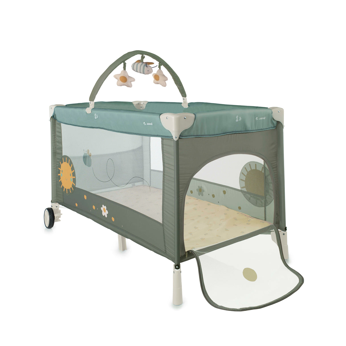 Jané One Level Toys Travel Cot with Activity Arch & Zip Window, Botanic