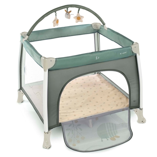 Portable baby crib with open side panel on a white background