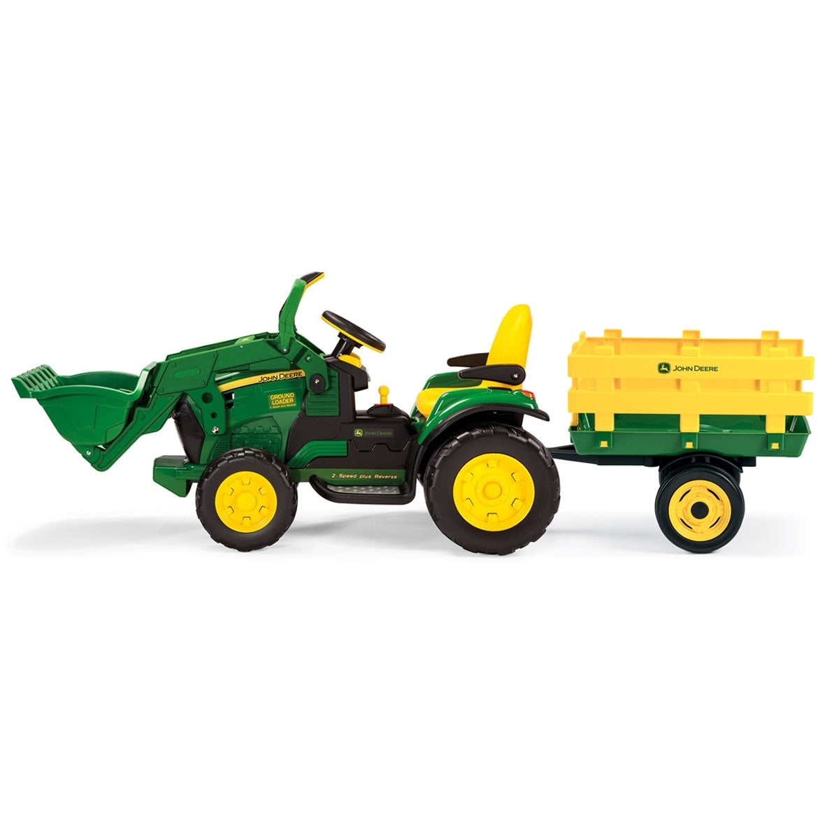 John Deere Ground Loader 12 Volt Electric Bulldozer + Stake-Side Trailer, 3+ years