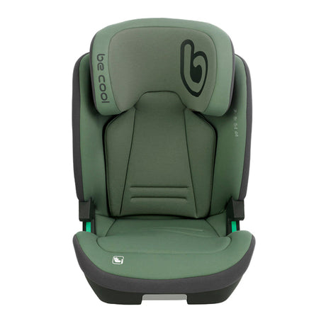 Green car seat with 'be cool' branding on a white background