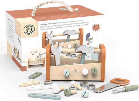 Speedy Monkey Wooden 2-in-1 Toolbox & Workbench with Accessories – Compact DIY Playset for Kids