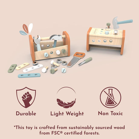 Speedy Monkey Wooden 2-in-1 Toolbox & Workbench with Accessories – Compact DIY Playset for Kids