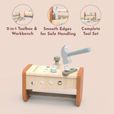 Speedy Monkey Wooden 2-in-1 Toolbox & Workbench with Accessories – Compact DIY Playset for Kids