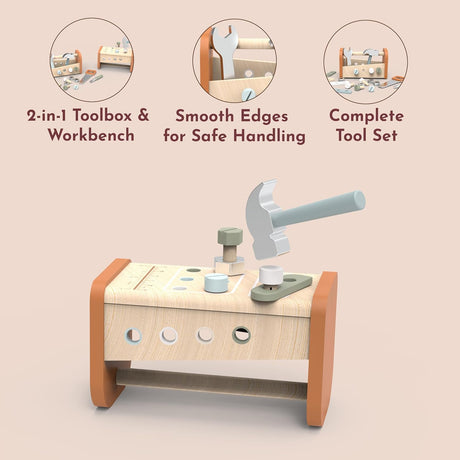 Speedy Monkey Wooden 2-in-1 Toolbox & Workbench with Accessories – Compact DIY Playset for Kids
