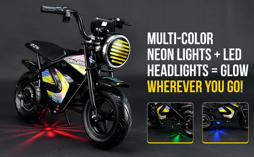 Littletrax 350W Kids Electric Bike – Ages 3 to 12+ ride on mini monkey bike - 3 speed, Bluetooth music, horn, lights, 36v